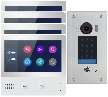 4x DT471 Video Türsprechanlage 7“ TFT FARBE Touchscreen LCD 800x480 Pixel , 12x Mel 2 DRAHT+1-EFH DT611F/KP 170°Fischaugenkamera Keypad Nachtsicht Unterputz Edelstahl