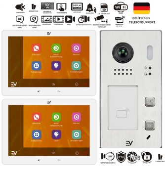 Video Türsprechanlage 2 Familienhaus 10 Zoll Weiß Aufputz Set mit zwei EV481 Monitoren und EV622-S2 Außenstation, moderne 2 Draht BUS Videosprechanlage