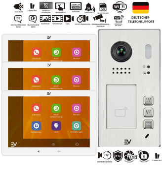 3-Familienhaus Video Türsprechanlage Aufputz Set mit drei 10 Zoll Weiß Monitoren und Edelstahl Außenstation, 2 Draht BUS Videosprechanlage
