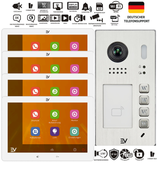 Aufputz Video Türsprechanlage 4-Familienhaus Komplettset mit Edelstahl Außenstation, vier 10 Zoll Weiß Monitoren und 2 Draht BUS Videosprechanlage