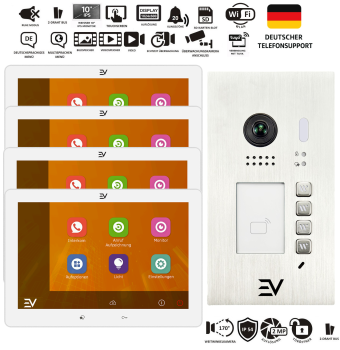 Komplettset 4-Familienhaus Video Türsprechanlage Unterputz mit Edelstahl EV622F Außenstation, vier 10 Zoll Weiß EV481 Monitoren und 2 Draht BUS Videosprechanlage