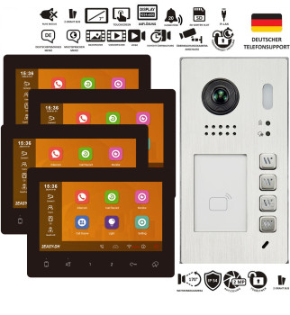 Aufputz Video Türsprechanlage Komplettset 4-Familienhaus mit EV622-S4 Edelstahl Außenstation und vier schwarzen 7 Zoll EV-7G-BS WLAN Monitoren, 2 Draht BUS Videosprechanlage