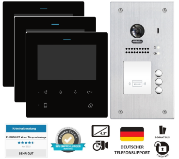 3-Familienhaus Video Türsprechanlage Unterputz mit 3 Monitoren (ZF4) und Außenstation ZD607F mit 170° Kamera