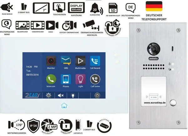 1 Familien 2 Draht Bus Videotürsprechanlage DT49 7" Monitor mit Touchscreen + DT607ID/FE-S1 RFID 170° Fischaugenkamera Unterputz