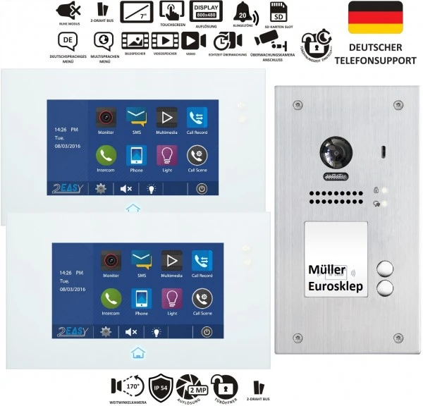 2 Familien 2 Draht Bus Videotürsprechanlage DT49 7" Touchscreen&Videospeicher + DT607ID/FE-S2 RFID 170° Fischaugenkamera Unterputz