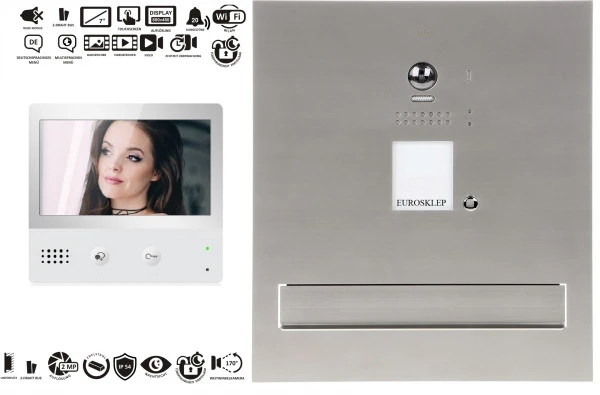 1x DX471 WIFI Video Türsprechanlage 7“ TFT FARBE LCD 2 DRAHT+ 1-EFH DT607ID RFID 2MP Farb Fischaugenkamera + Durchwurfbriefkasten