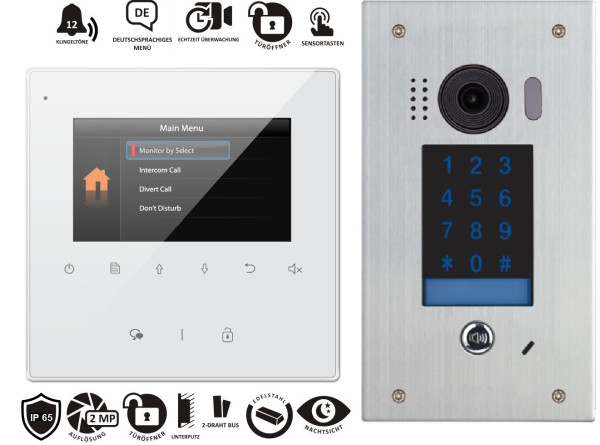 1 Familienhaus Gegensprechanlage mit Video 4,3" Monitor ZD437 und DT611F/KP mit 170° Fischaugenkamera und Touch Keypad