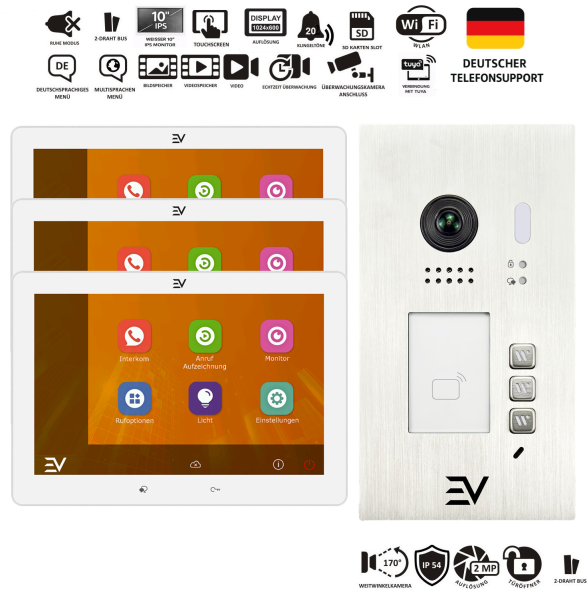 Unterputz Video Türsprechanlage 3-Familienhaus Set mit drei 10 Zoll Weiß Monitoren und Edelstahl Außenstation, 2 Draht BUS Videosprechanlage