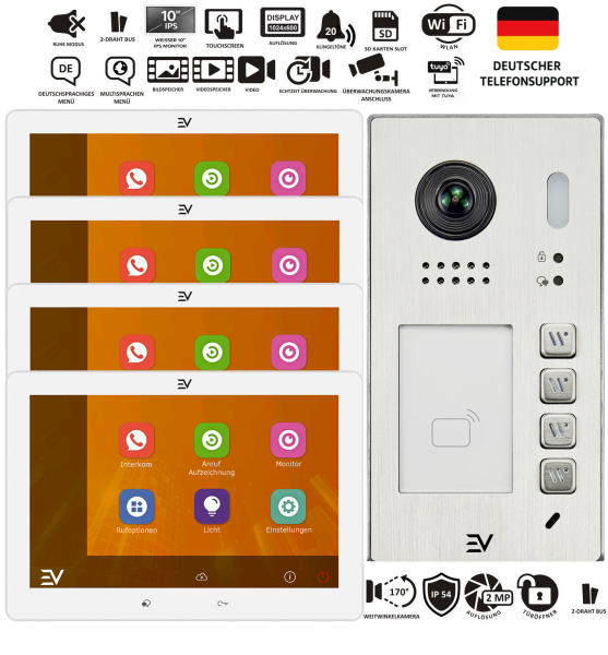 Aufputz Video Türsprechanlage 4-Familienhaus Komplettset mit Edelstahl Außenstation, vier 10 Zoll Weiß Monitoren und 2 Draht BUS Videosprechanlage