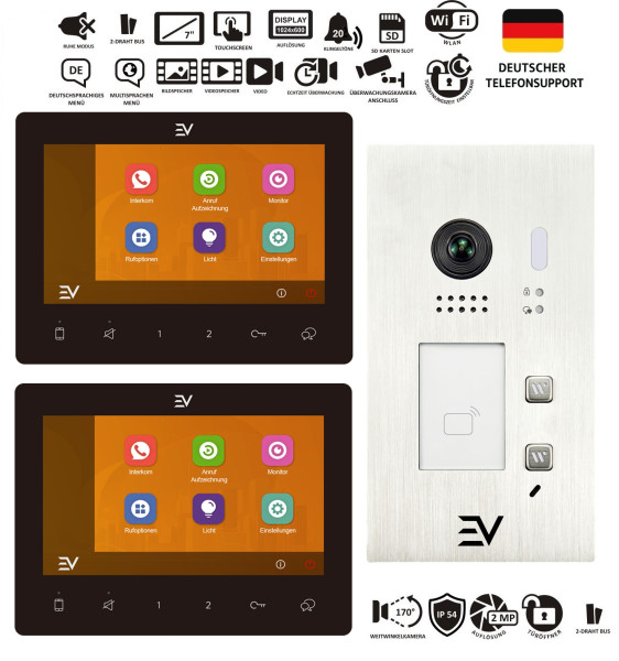 Tuya Video Türsprechanlage Set EV622F-S2 für 2 Familienhaus mit zwei schwarzen 7 Zoll Monitoren und Edelstahl Außenstation