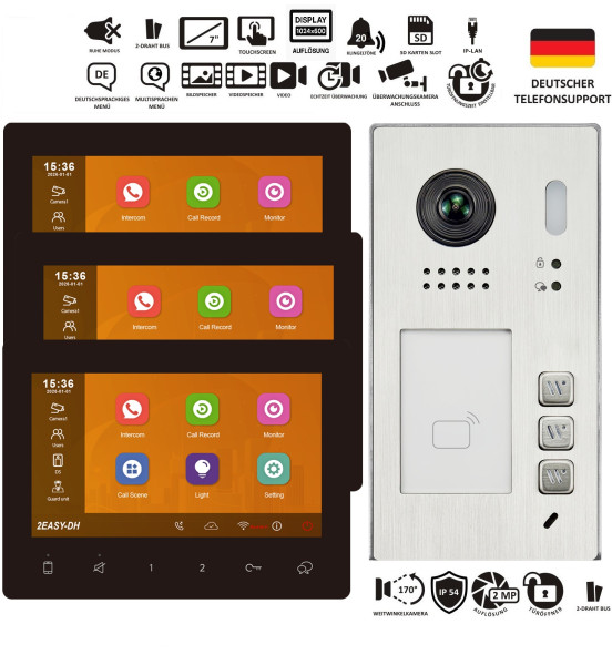 Aufputz Video Türsprechanlage Set für 3 Familienhaus mit Edelstahl Außenstation, drei schwarzen 7 Zoll EV-7G Monitoren und 2 Draht BUS Videosprechanlage