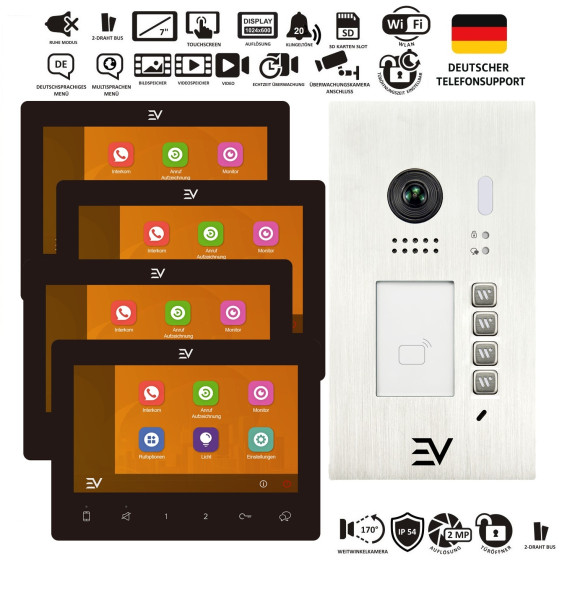 Video Türsprechanlage 4-Familienhaus Set mit Unterputz EV622F-S4 Edelstahl Außenstation, vier schwarzen 7 Zoll EV-7G-BS WLAN Monitoren und 2 Draht BUS Videosprechanlage