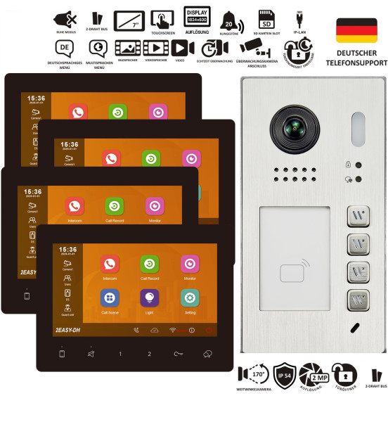 Aufputz Video Türsprechanlage Komplettset 4-Familienhaus mit EV622-S4 Edelstahl Außenstation und vier schwarzen 7 Zoll EV-7G-BS WLAN Monitoren, 2 Draht BUS Videosprechanlage