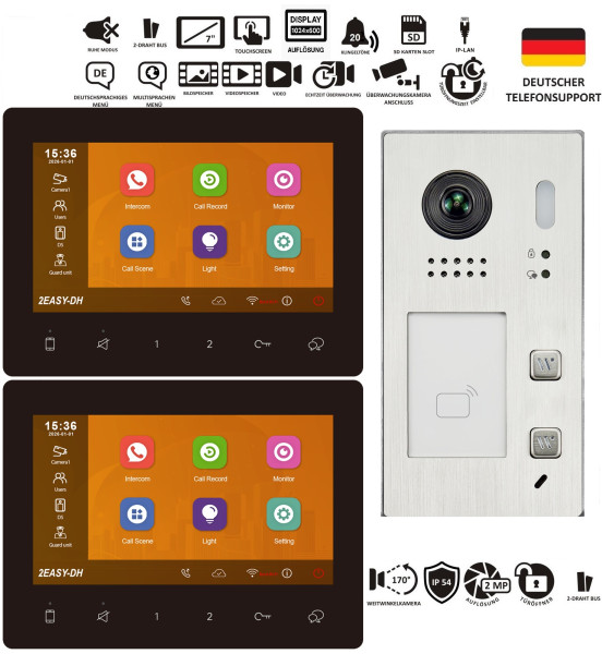 Aufputz Video Türsprechanlage Set EV622-S2 für 2 Familienhaus mit zwei schwarzen 7 Zoll Monitoren und Edelstahl Außenstation, Tuya kompatible Videosprechanlage mit WLAN