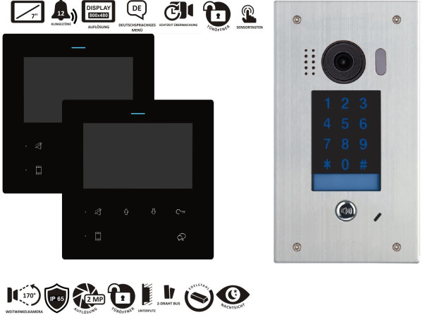 Videotürsprechanlage Edelstahl Außenstation mit Codetastatur, zwei Monitore innen, Zugangskontrolle