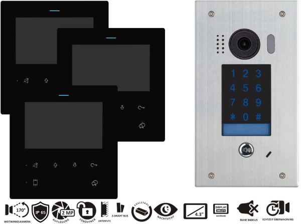 Videotürsprechanlage mit Edelstahl Außenstation, Codetastatur, drei Monitore innen für Mehrfachbetrieb