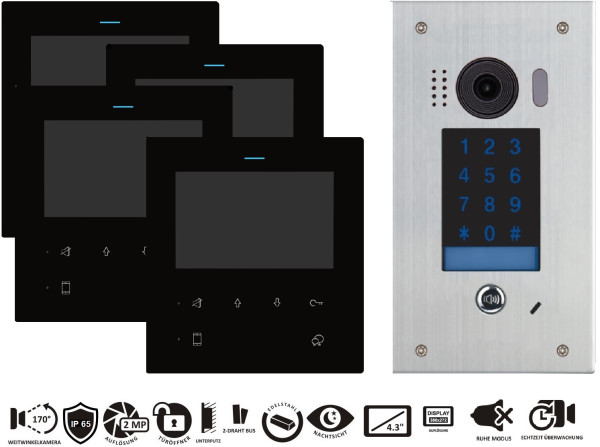 Videotürsprechanlage Edelstahl Außenstation mit Codetastatur, vier Monitore innen für großen Empfang