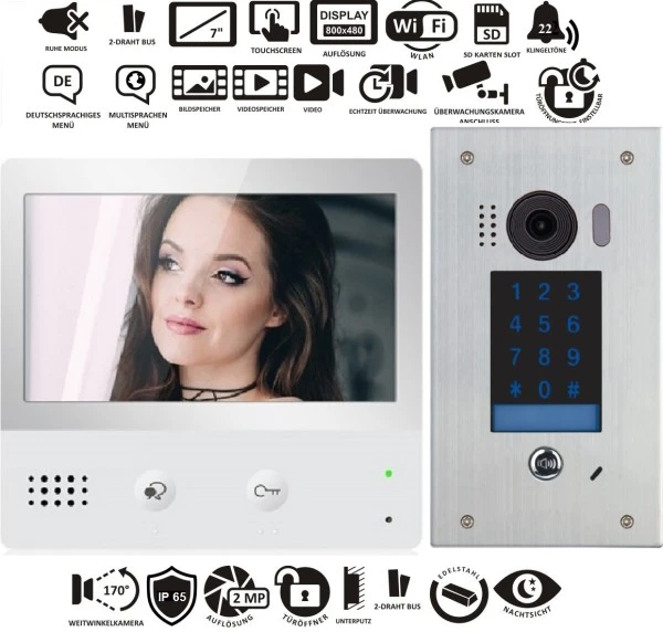 4-Draht Video Türsprechanlage Gegensprechanlage mit 7" LCD Monitor 1-Familie 